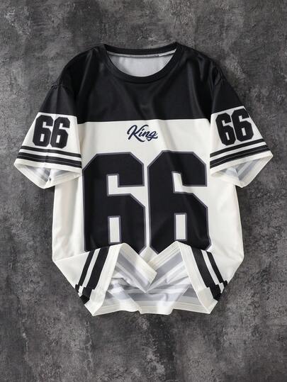 SHEIN Coolqubz Boys' Casual Basketball Sports Numeric & Letter Print Graffiti Round Neck Short Sleeve T-Shirt, All Season