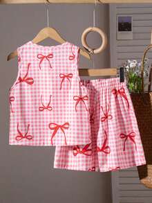 SHEIN 2pcs/Set Girls Sleeveless Woven Striped Tank Top With Bow Decor & Elastic Waist Loose Casual Shorts, Summer Girls Summer Clothes Sets Bow Knot Set Girls Blouse Set Plaid Two Piece Set For Girl Girls Bow Pajamas Girls Summer Sleeveless Top And Shorts Girls Plaid Two Piece Set Girls Bow Knot Set - Pink - View 2
