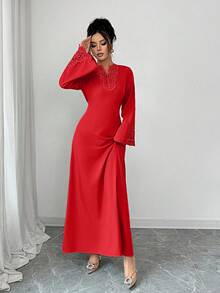 Rafferiza Áo choàng dài tay cổ chữ V dáng rộng, tay bồng, kiểu Thổ Nhĩ Kỳ, kiểu Ả Rập dành cho nữ. - Đỏ - Xem 5
