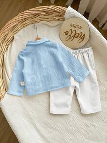 Newborn Baby Boy Casual Cute Versatile White Long Sleeve Shirt And Pants Set - Multicolor - View 2