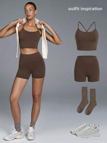 Menodora SHEIN Sport 一套纯色露背吊带上衣和短裤，瑜伽/健身服 - 咖啡棕 - 查看 9
