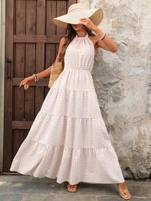 EMERY ROSE 女士休闲露背格子荷叶边连衣裙，适合度假 - 彩色 - 查看 8