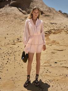 MOTF STUDIO 女士天丝亚麻拼接蕾丝边松紧腰短连衣裙