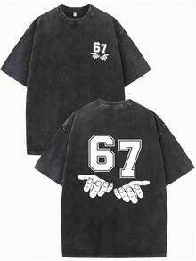 SHEIN 男童字母印花水洗复古短袖T恤，休闲、舒适、时尚、百搭、可爱、柔软，适合日常穿着、上学、外出、运动、节日和派对。 - 黑色 - 查看 8