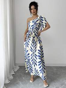 Elenzga Women's Elegant Floral Puff Sleeve Tie Waist Bodycon Dress, Blue & White, Spring/Summer - Blue - View 3