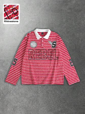 Chemise polo à manches longues, coupe ample, à rayures scintillantes et diamants pour hommes