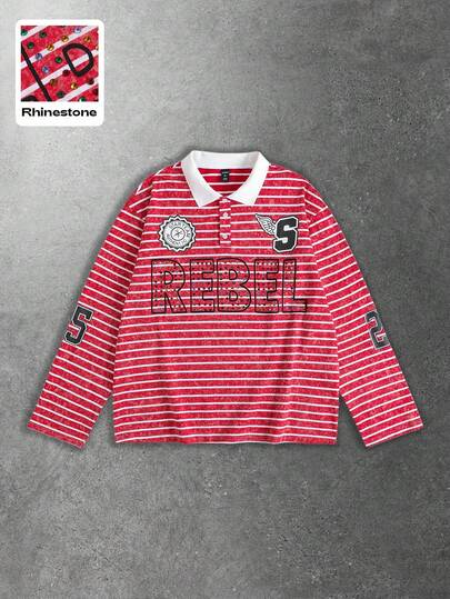 Herren Locker geschnittenes Poloshirt mit funkelnden Diamant-Streifen und Langarm