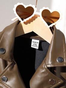 SHEIN Playful Pals 1pc Toddler Boys' Casual Chic Black Faux Leather Jacket, Spring/Autumn - Coffee Brown - View 3