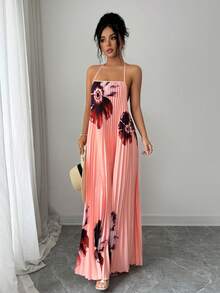 SHEIN Elenzya 女士宽松褶皱印花无袖长款连衣裙，优雅设计，适合休闲、度假、通勤、春夏穿着 - 彩色 - 查看 5