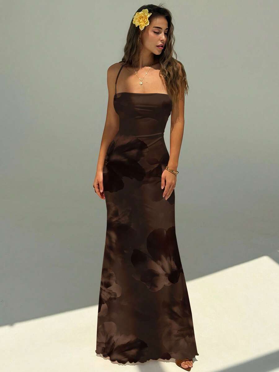 Aloruh Đầm maxi cổ buộc dây màu nâu, phong cách tối giản, thanh lịch, lãng mạn, retro, thích hợp cho kỳ nghỉ, tiệc tùng, sinh nhật, đi biển, thoải mái cho nữ, thích hợp cho mùa xuân/hè. - trắng - Xem 1