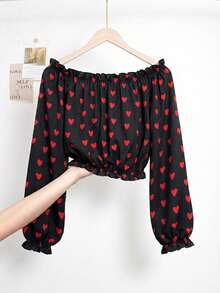 GlowEve Áo kiểu nữ thời trang và quyến rũ in hình trái tim, tay phồng, trễ vai, chất liệu chiffon. - Đỏ và đen - Xem 3