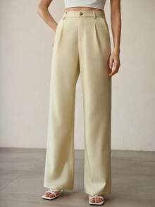 MOTF PREMIUM 女士休闲日常办公通勤褶裥宽松直筒裤 - 杏色 - 查看 5