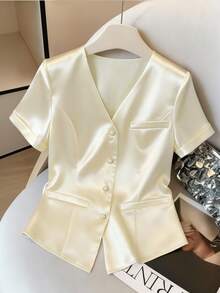 SHEIN Franclia Blazer Wanita Elegan untuk Beraktivitas di Luar Rumah, Kerah Satin, Kancing, Saku, Lengan Pendek, Musim Semi/Panas - Aprikot - View 4