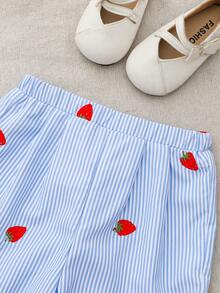 Cozy Pixies 2件套女婴草莓印花圆领无袖上衣和松紧腰裤套装 - 藍色 - 查看 6