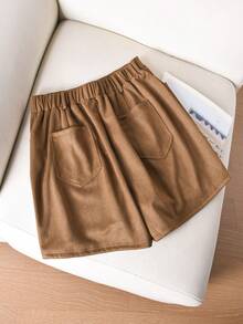 CosyJoli Plus Size Brown Mini Shorts Casual Wide Leg Woven Fabric Textured Pattern Zipper Detail - Brown - View 2