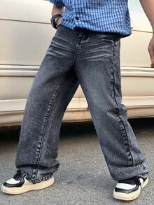 SHEIN 青少年男孩时尚休闲复古酷炫街头牛仔宽松舒适直筒牛仔裤，适合日常穿着，也适合春夏锐舞音乐节和街头潮流，2026春夏新款 - 黑色 - 查看 7