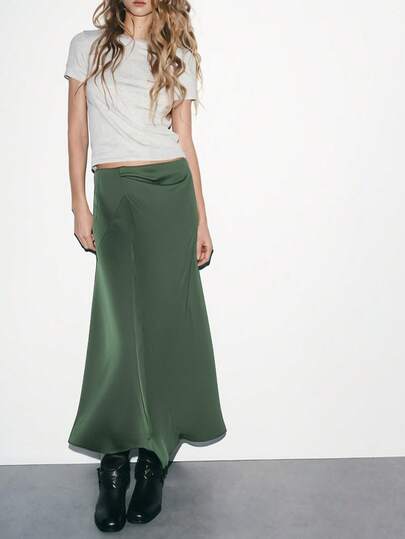 Maija Women's Fashion Solid Color Asymmetrical Hem Long Skirt Green