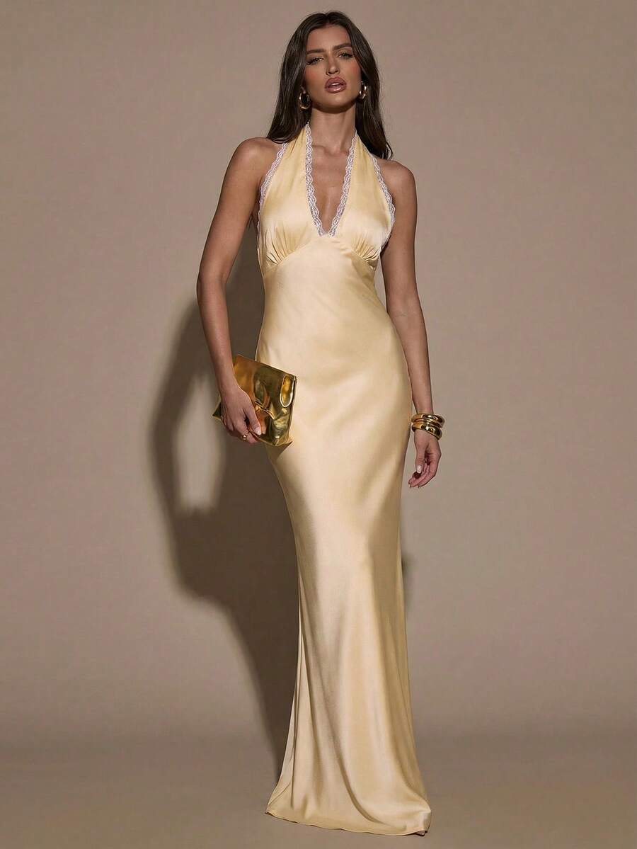 SHEIN BAE 优雅缎面连衣裙，V领蕾丝边无袖鸡尾酒会礼服，正式场合伴娘礼服，生日迷你裙，黄色缎面长裙，适合圣诞节、鸡尾酒会、商务休闲场合 - 淡黃色 - 查看 1