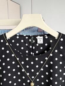 Blusas para adolescentes con estampado de lunares negros, con volantes, de estilo casual y vacacional, ajustadas. Camisa de verano sencilla con estampado de lunares, estilo francés - Negro - Ver 3