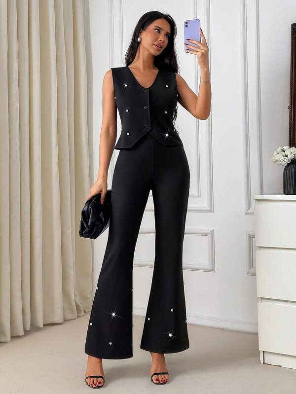 EURMUSE Women's Rhinestone Decor Single-Breasted Vest And Flare Pants Elegant Suit Set