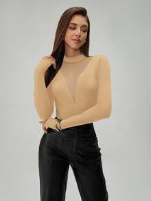 SHEIN Tall 女款時尚透視網紗拼接長袖連身衣，適合高個女性 - 卡其色 - 查看 6