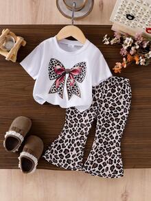 SHEIN Playful Pals Girls Knitted Fabric Short Sleeve Tee And Full Print Leopard Bell Bottom Pants Set With Cute Bow Design - White - View 3