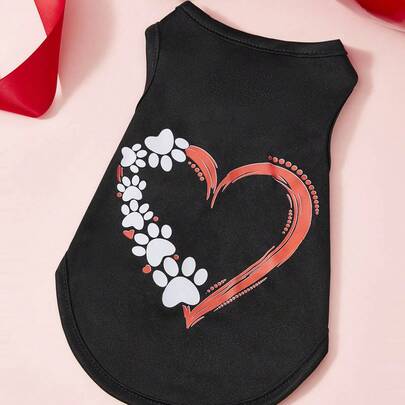 PETSIN 1pc Red Love Claw Print Valentine's Day Printed Pet Tank Top Black Sports Style Skin Friendly Breathable Summer Pet Clothing