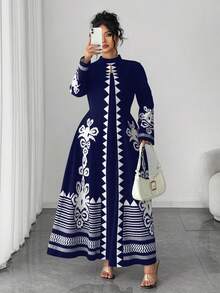 Elenzga Đầm dài dáng suông họa tiết hoa vintage cỡ lớn, đầm dáng suông thanh lịch họa tiết hình học cỡ lớn, thích hợp cho phụ nữ công sở mặc vào mùa thu. - Màu xanh lam - Xem 6