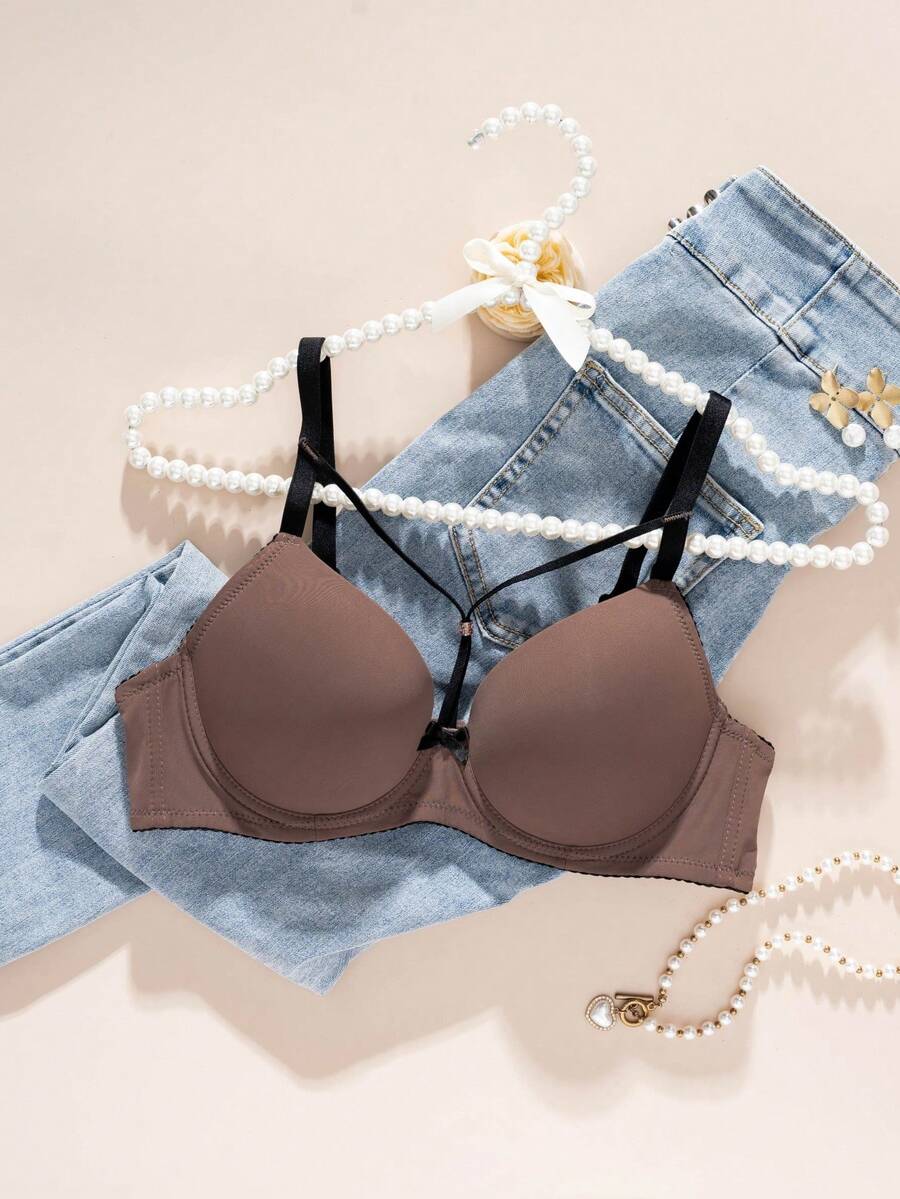 DesireSculpt Áo ngực có gọng điều chỉnh được, dây đeo, kiểu dáng đơn giản, phối màu tương phản dành cho nữ. - màu nâu - Xem 1