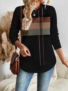 Áo sweatshirt dài tay cổ tròn kẻ sọc màu nâu dáng rộng thoải mái dành cho nữ, thích hợp cho mùa thu/đông. - Nhiều màu - Xem 6