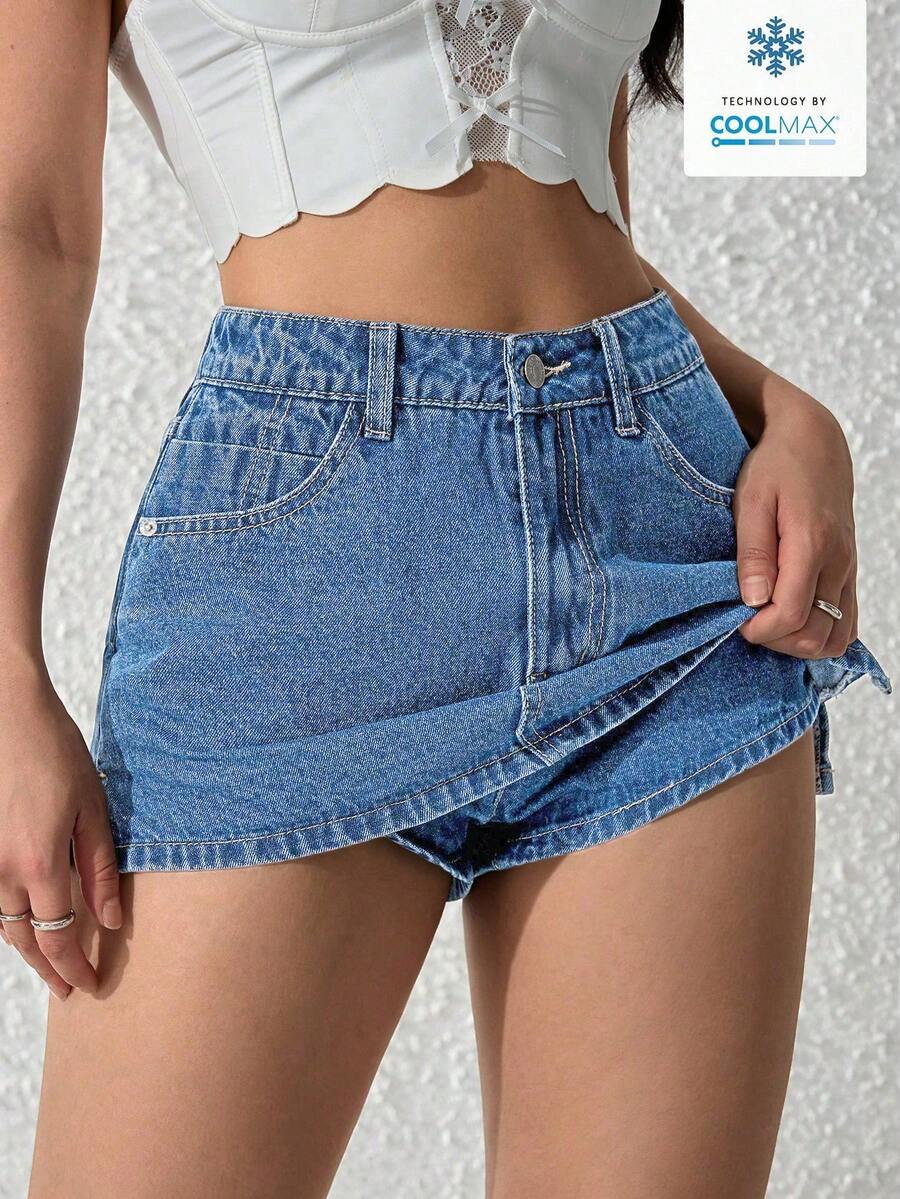 SHEIN PETITE Women's Casual Everyday Commute Versatile Denim Skirt Pants - Light Wash - View 1