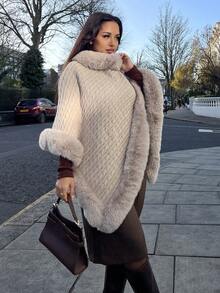 NegzBox Turtleneck Fuzzy Trim Batwing Sleeve Poncho Sweater - Aprikot - View 6