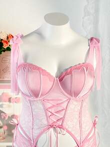 PetitDoll 4件套加大码性感内衣套装，蕾丝拼接，钢圈罩杯，蝴蝶结，可调节肩带 - 粉色 - 查看 7