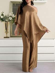 Modelyn 女士纯色不对称下摆蝙蝠袖上衣和阔腿裤时尚两件套 - 咖啡棕 - 查看 2