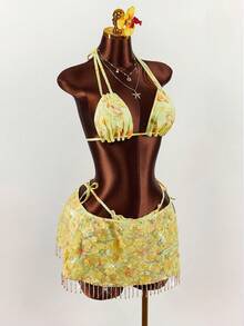 Amplova 3pcs Women's Sequin Embroidered Sexy Swimsuit Set, Fashionable For Vacation, Shiny Yellow - Multicolor - View 6