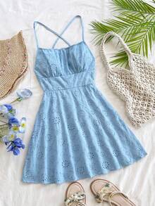 Soleia Robe camisole mode dos nu avec broderie et bretelles spaghetti de couleur unie - Bleu ciel - Voir 3