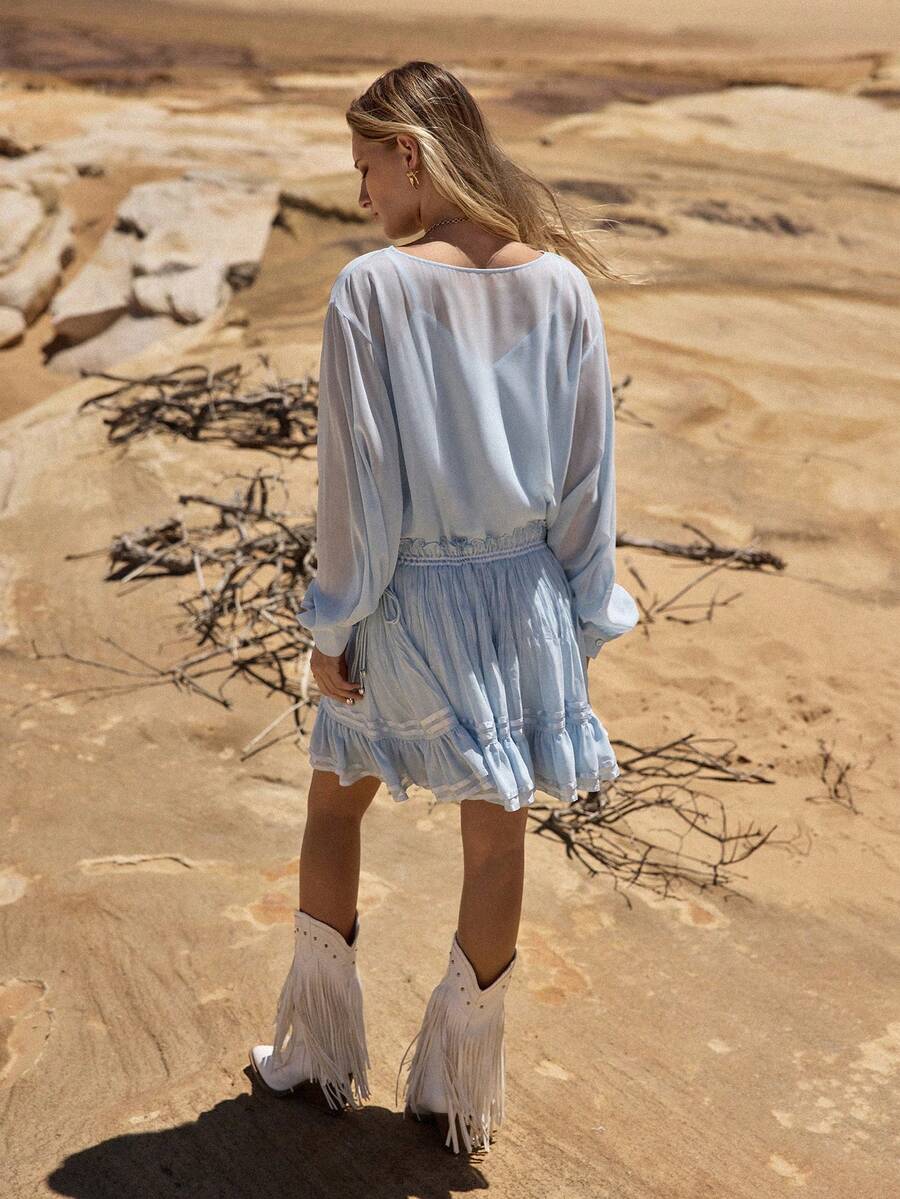 MOTF STUDIO WOMEN'S CHIFFON PATCHWORK PLEATED DRAWSTRING LOW WAIST SHORT DRESS