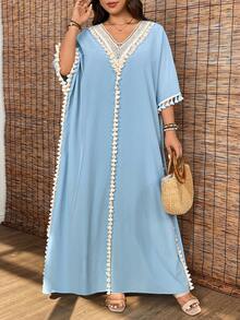 EMERY ROSE Plus Size Women Loose Vacation Middle East Beach Dress, Casual Resort Lightweight Elegant Tassel V-Neck Loose Long Sleeve Vacation Blue Plus Size Dress - Baby Blue - View 3