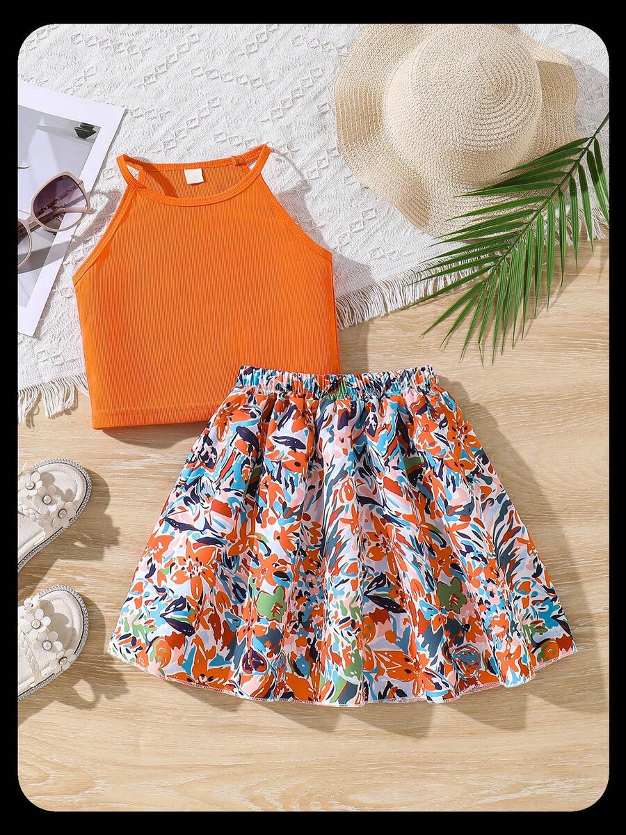 SHEIN 女童针织背心+印花裙两件套，适合日常通勤、外出，展现活泼可爱风格，小女孩两件套女童夏装套装，小女孩套装夏季 - 橘色 - 查看 1