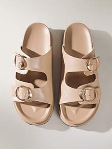 Solecia Women's Buckle Design Daily Versatile Fashion Slippers Flat Sandals - Apricot - View 3