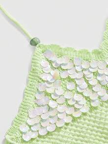 ROMWE Avant Women's Vintage Vacation Style Beaded Halter Neck Hollow Out Fringe Hem Sexy Knit Top - Green - View 3