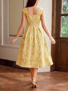 Vintamour 复古经典优雅女士连衣裙，修身宽肩带提花连衣裙，带口袋，黄色连衣裙，春夏款 - 黃色 - 查看 2