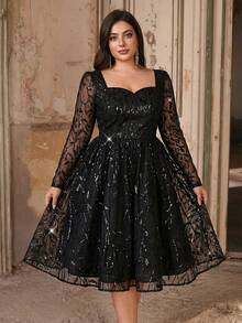 Aureia Plus Size Elegant Luxurious Black Square Neck Long Sleeve Sheer Sequin Patchwork Tulle Puff Dress, Suitable For Weddings, Parties, Celebrations, Formal Occasions, Ballroom (Heavily Embellished Design) - Black - View 2