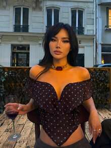 Aloruh Áo kiểu trễ vai chấm bi nâu, chất liệu chiffon xếp ly, giả xương cá, dành cho nữ, thích hợp đi biển, nghỉ hè, đi chơi, đi nghỉ mát. - màu nâu - Xem 2