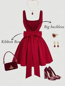 SHEIN MOD 大码优雅纯色蝴蝶结装饰露背无袖连衣裙，夏季 - 紅色 - 查看 9