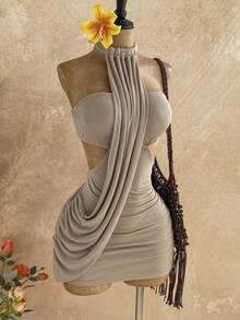 Soleia 女士春夏裹身不对称飘逸系带修身迷你连衣裙，适合约会、花园派对、下午茶、插花、波西米亚风、度假、复古、假日等场合 - 卡其色 - 查看 1