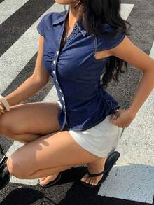 Flirla Women's Casual Front Button Side Drawstring Denim Jacket, Summer - Blue - View 6