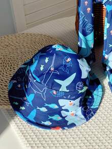 SHEIN 2pcs Baby Boy/Girl Casual Cute Shark Print Long Sleeve Swimsuit With Swim Cap, Suitable For Spring/Summer Vacation, Beach, Pool Party