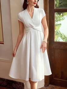 Vintamour 复古经典优雅女士连衣裙，春夏修身迷你短袖扭结下摆连衣裙，白色连衣裙 - 白色 - 查看 1