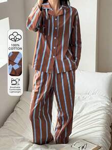 DAZY 2pcs Women Loose Fit Cat Striped Pattern Long Sleeve Cardigan And Pants Pajama Set - Brown - View 1